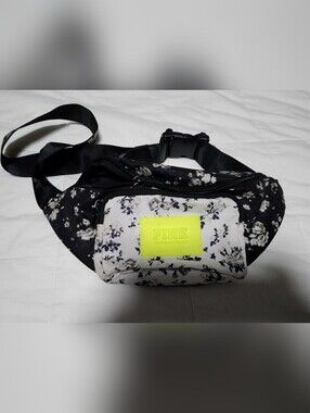 PINK Victoria's Secret Black & White Floral fanny pack with Neon Yellow Patch